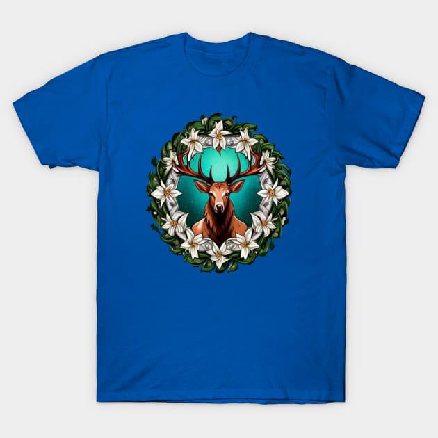 Elk Surrounded By A Wreath Of Sego Lily Tattoo Style Art T-Shirt by taiche